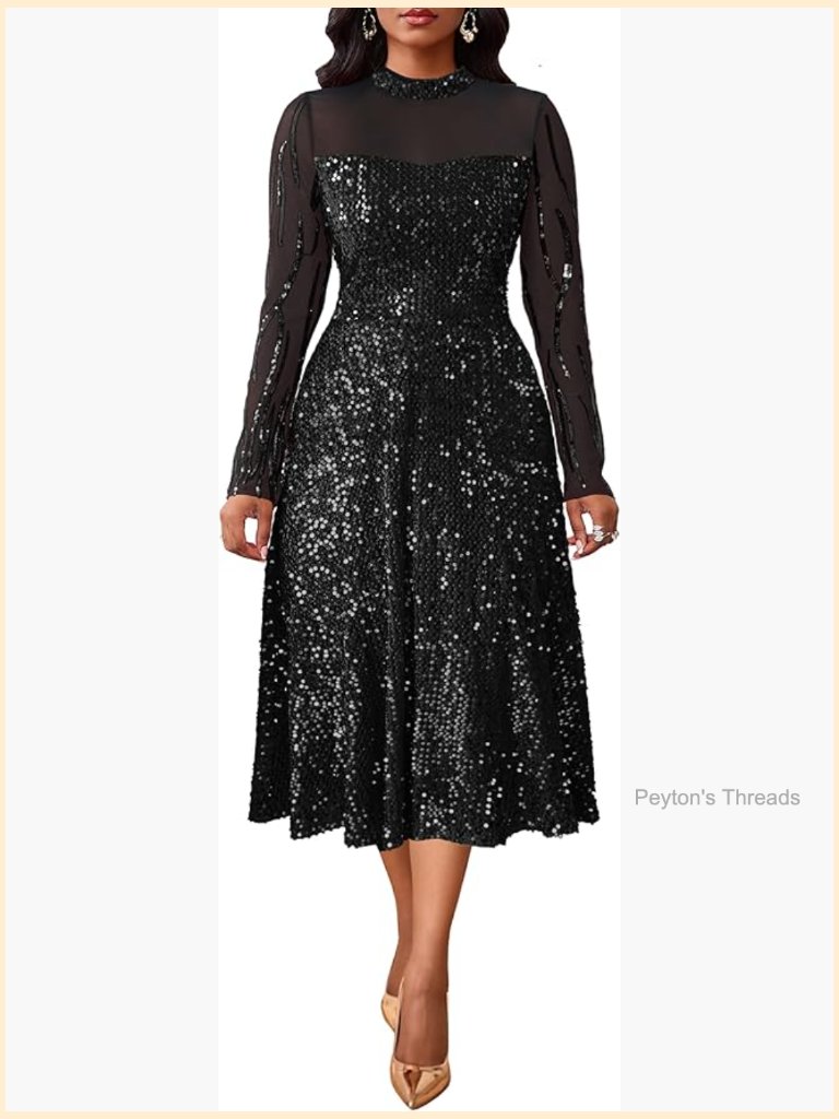 Sequined A-Line Midi Cocktail Dress With Long Sleeves